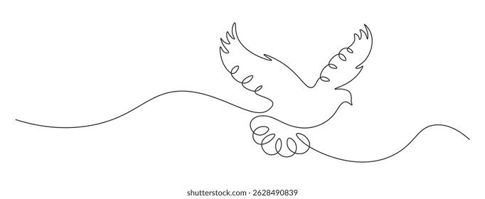 Continuous single line drawing pigeon. Peace and freedom bird symbol in one line. Flying dove silhouette. Editable stroke. Minimalistic doodle logo. Vector horizontal illustration, banner.