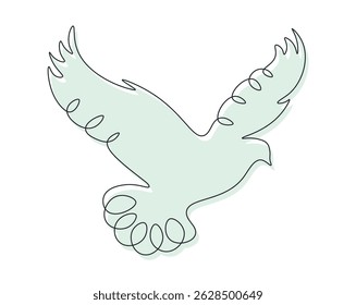 Continuous single line drawing pigeon. Peace and freedom bird symbol in one line. Flying dove silhouette. Editable stroke. Minimalistic doodle logo. Blue and black color icon vector illustration.