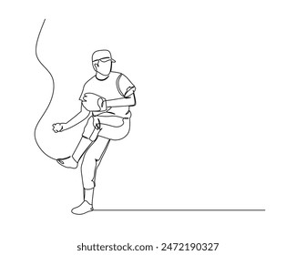 Dibujo continuo de una sola línea de un lanzador que está a punto de lanzar la pelota con toda su fuerza. Ilustración de diseño