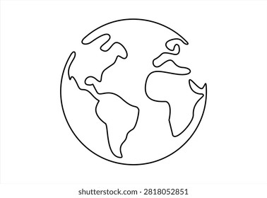Continuous single line drawing of planet earth globe showing world continents in a simple hand drawn minimalist style for global environment design. Hand drawn linear icon. Editable stroke.