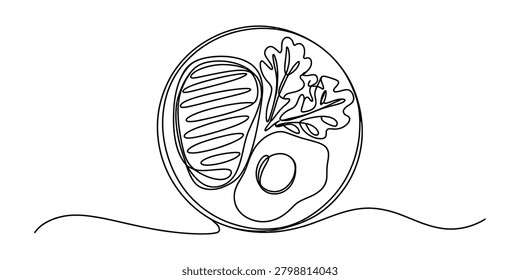 Continuous single line drawing of a plate with steak fried egg and salad leaves for a healthy breakfast or dinner menu concept art illustration Vector, illustration