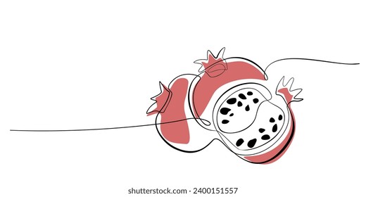 Continuous single line drawing of Pomegranate. One line drawing of fruit with color shapes. Happy Shana Tova Fruit contour. Line art. Abstract minimalistic style. Design vector element