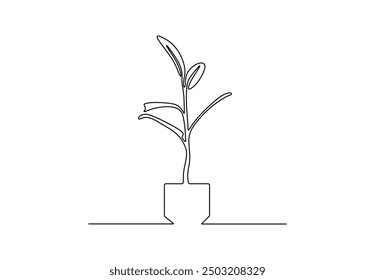 Continuous single line drawing of potted plant. Isolated on white background vector illustration