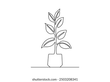 Continuous single line drawing of potted plant. Isolated on white background vector illustration