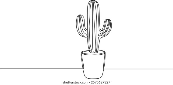 continuous single line drawing of potted cactus, line art vector illustration