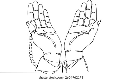 continuous single line drawing of Prayer hands praying to Almighty Allah under Eid Moon. Prayer hand, Eid Mubarak, Ramadan kareem, tasbih, Moon, star. Vector EPS format.
