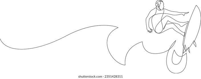 Continuous single line drawing of professional surfer in action riding the waves. Extreme watersport concept drawn in trendy one line style. Summer vacation vector illustration.