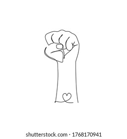 Continuous single line drawing of raised fist with love sign in it - symbol of victory, strength, revolution, power and solidarity. Vector illustration