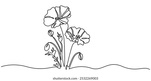 kontinuierliche einzeilige Zeichnung der roten Wildblume, farbige Mais Mohn Linie Kunst Vektorgrafik, Ein Linie Mohn Blume Zeichnung, Mohn Umrisse zum Färben, Botanische Kunst. handgezeichnet, kontinuierlich