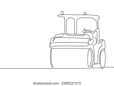 Desenho contínuo de linha única de um rolo de estrada. Possui um veículo de construção com um estilo vetorial minimalista.