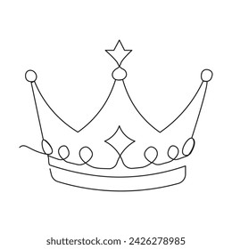 Continuous single line drawing of royal crown simple king crown outline vector art illustration design.