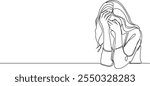 continuous single line drawing of sad woman covering her face with her hands, line art vector illustration