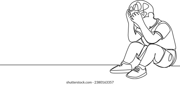 continuous single line drawing of sad or frustrated toddler boy sitting on floor hiding face behind hands, line art vector illustration