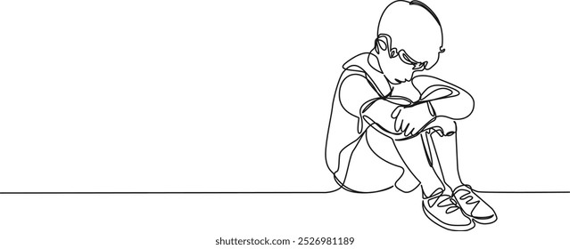 continuous single line drawing of sad boy sitting on floor, line art vector illustration