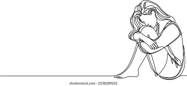 desenho contínuo de linha única de mulher triste sentada no chão, braços em torno de joelhos, ilustração vetorial de arte de linha