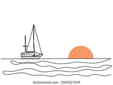 Continuous single line drawing of a sailing ship and sunset. Depicts a maritime scene with a ship against a sunset backdrop in a minimalist style.