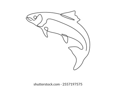 Continuous single line drawing of salmon or trout fish for logo identity. Large lake fish mascot concept for fishing tournament vector illustration