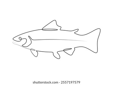 Continuous single line drawing of salmon or trout fish for logo identity. Large lake fish mascot concept for fishing tournament vector illustration