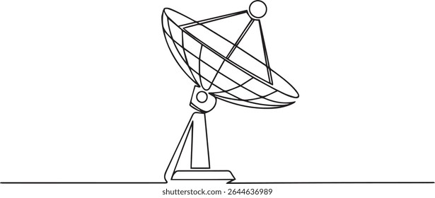 Desenho de linha única contínua de antena parabólica com anéis concêntricos, ilustração vetor mínimo sobre fundo branco

