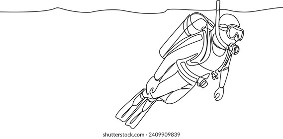 continuous single line drawing of scuba diver, line art vector illustration