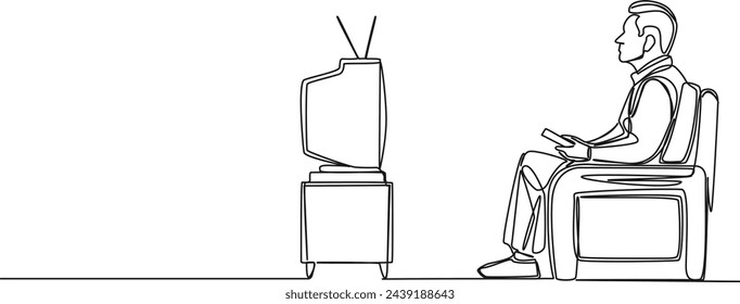 continuous single line drawing of senior man watching TV show on old tube TV set, line art vector illustration