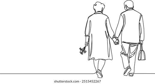 continuous single line drawing of senior couple walking hand in hand, line art vector illustration