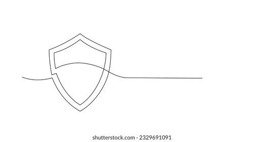 Continuous single line drawing of shield. One line protect linear symbol. Safety, insurance concept. Guard drawing sign. Abstract background. Doodle hand drawn protection icon Vector illustration