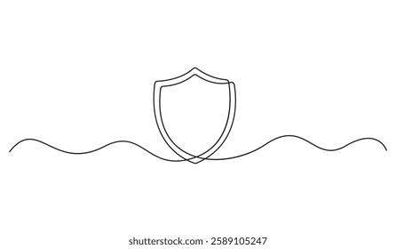 Continuous single line drawing of shield. One line drawing background. Vector illustration. Protection and security shield icon. Graphic illustration