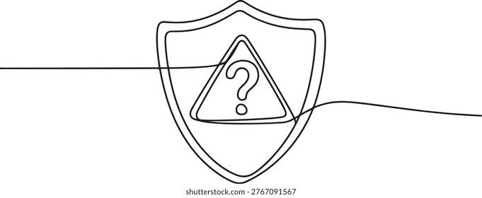 Continuous single line drawing of a shield with a triangular warning sign and a question mark inside, representing concepts of unknown risk, security uncertainty.one line drawing vector illustration
