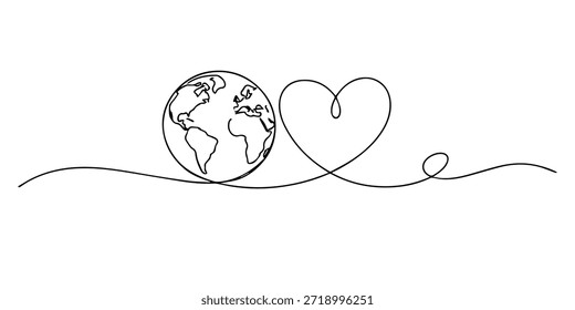 Dibujo continuo de una sola línea que muestra un globo con continentes visibles conectados a una forma de corazón, simbolizando el amor global, la unidad y la conexión humana.