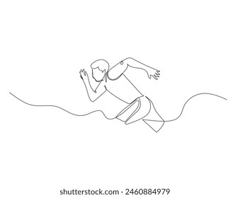 Dibujo continuo de una sola línea de vista lateral del hombre discapacitado que corrió rápido para llegar a la línea de meta. Concepto de entrenamiento deportivo saludable. Ilustración vectorial de diseño