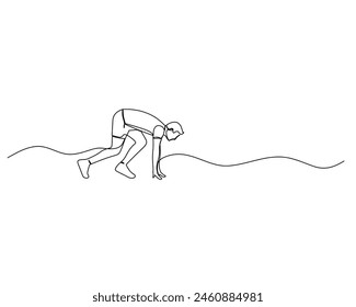 Continuous single line drawing of side view of a man is preparing for a race on a difficult road. Healthy sport training concept. Design vector illustration