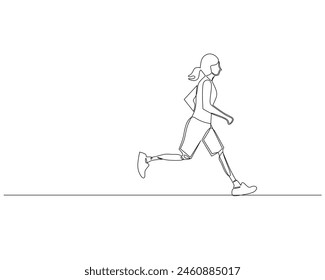 Continuous single line drawing of side view of a disabled woman running with a prosthetic leg. Healthy sport training concept. Design vector illustration