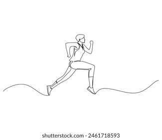 Continuous single line drawing of side view of woman with short hair is running fast on an uphill track. Healthy sport training concept. Competition event. Design vector illustration