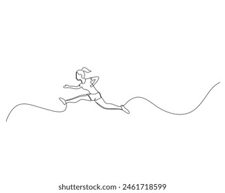Continuous single line drawing of side view of young woman doing jumps in running activities. Healthy sport training concept. Design vector illustration