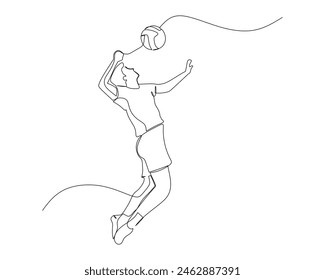 Continuous single line drawing of side view of male volleyball athlete jumping high to smash the ball. sport training concept. volleyball competition design vector illustration