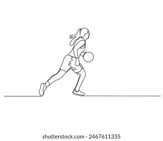 Continuous single line drawing of side view of female basketball athlete dribbling the ball while running. basketball tournament event . Design illustration