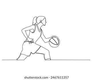 Continuous single line drawing of side view of female basketball athlete running while dribbling the ball. basketball tournament event . Design illustration