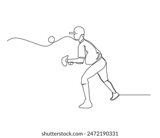 Continuous single line drawing of side view of the catcher who is focused on the game. baseball tournament event . Design illustration