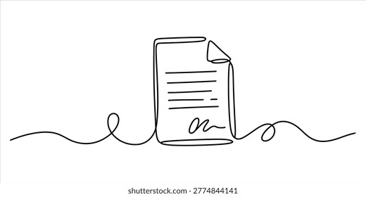 Continuous single line drawing of a signed business document with text lines and paper corner Vector, illustration