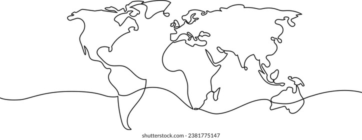 kontinuierliche Einzelzeilenzeichnung der vereinfachten Weltkarte, Vektorgrafik der Linie
