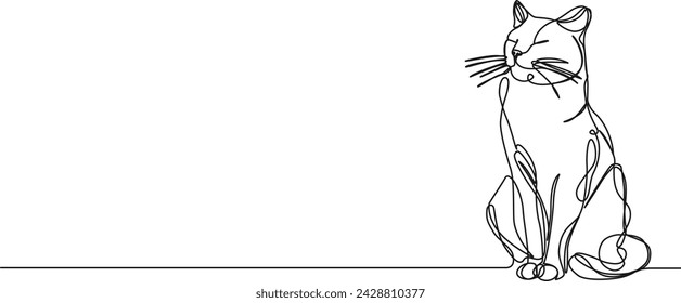 continuous single line drawing of sitting cat with closed eyes, line art vector illustration