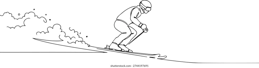 A continuous single line drawing of a skier gliding downhill, representing adventure and sports action, line art style illustration.