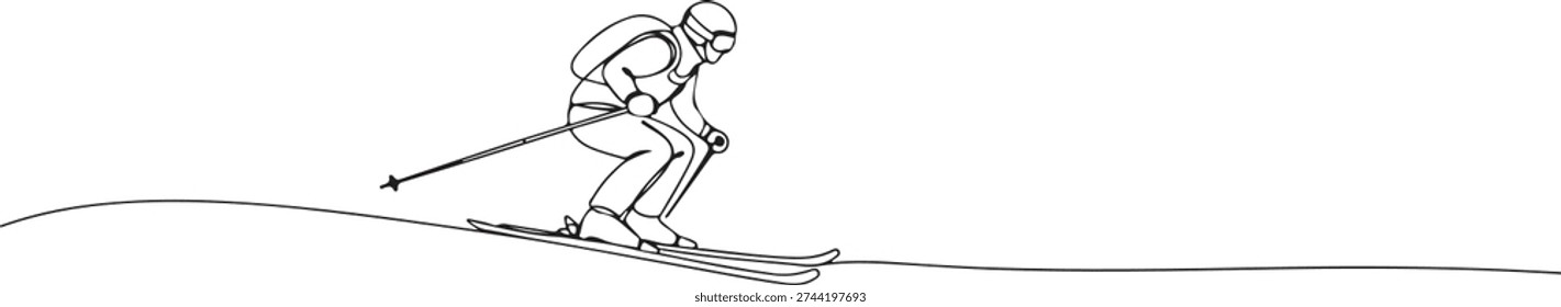 A continuous single line drawing of a skier gliding downhill, representing adventure and sports action, line art style illustration.