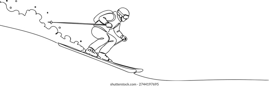 A continuous single line drawing of a skier gliding downhill, representing adventure and sports action, line art style illustration.