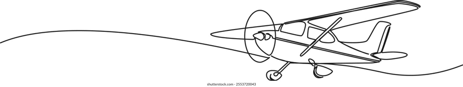 continuous single line drawing of small propeller airplane in flight, line art vector illustration