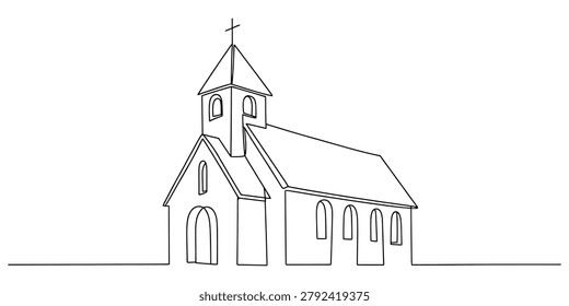 Continuous single line drawing of a small christian church building with a steeple cross