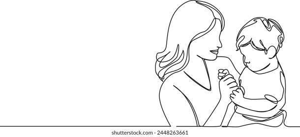 continuous single line drawing of smiling mother holding toddler on arm, line art vector illustration