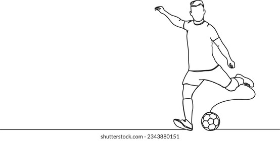 continuous single line drawing of soccer player kicking ball, line art vector illustration