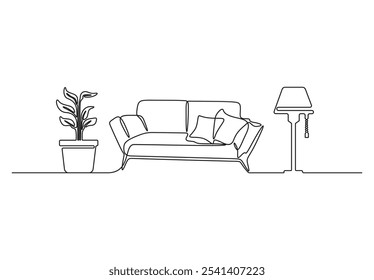 Continuous single line drawing of sofa with lamp and home plant in a pot doodle illustration